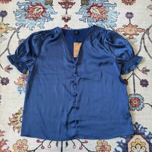 SHEIN Blue Satin Blouse with Puff Sleeves Faux Button Up V-Neck Medium NWT